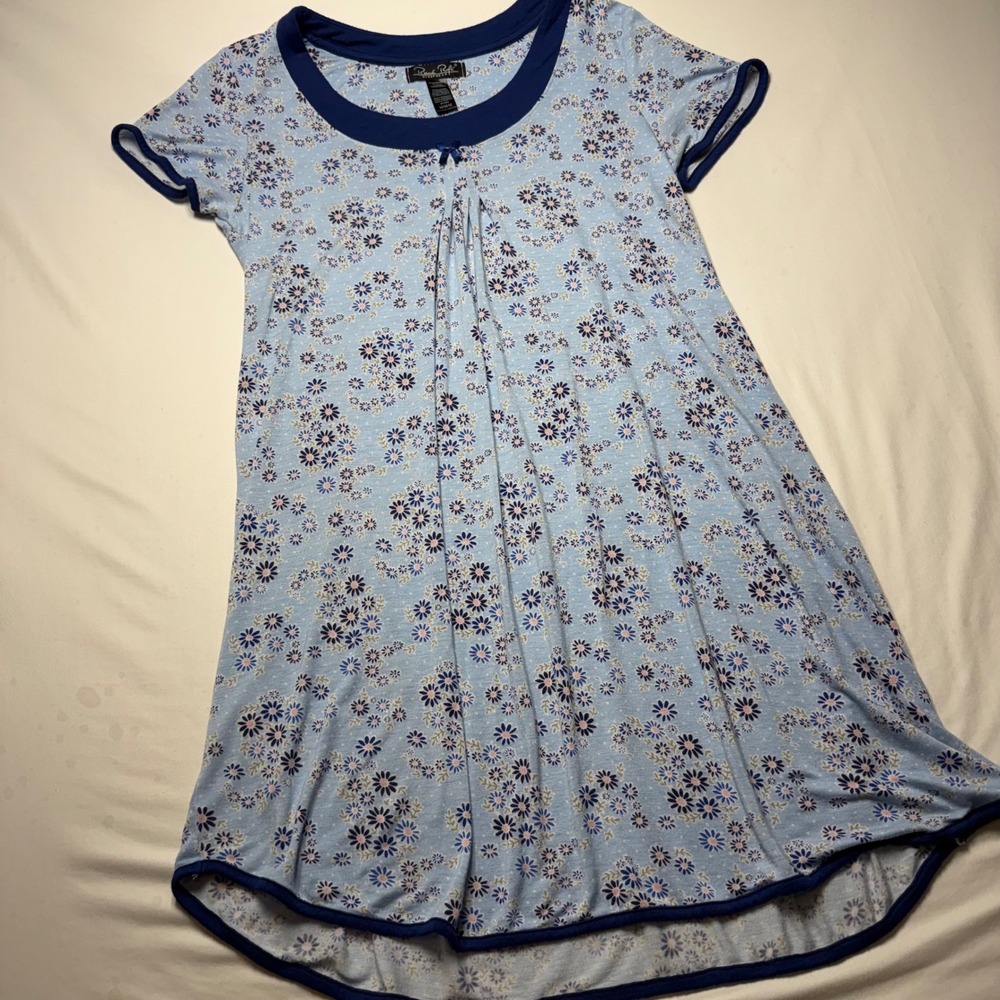 Rene Rofe Blue Floral Short Sleeve Nightgown Sleep Dress Womens Size Medium Soft